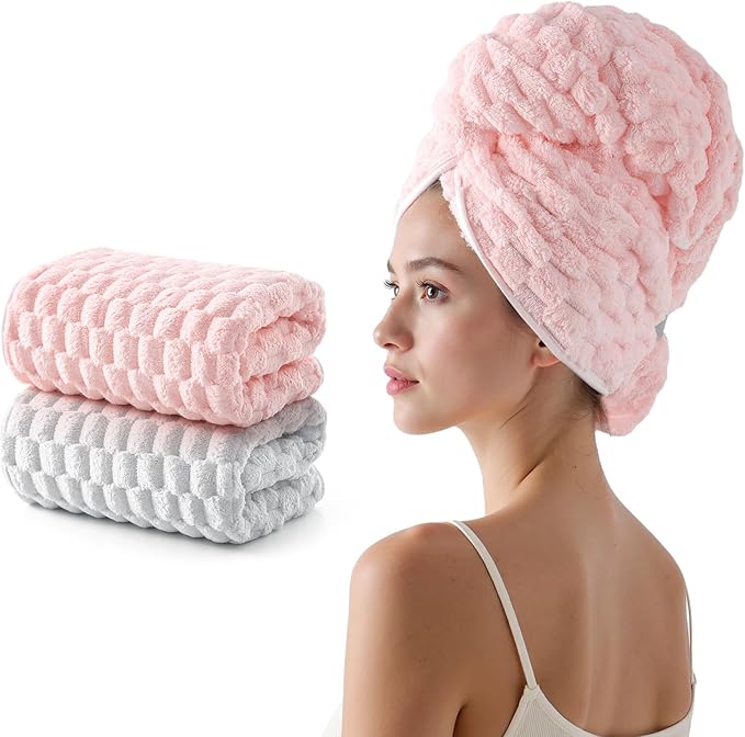 REDKISS 2 Pack Microfiber Hair Towels - Extra Large Hair Towel Wrap for Women, 24x42 inch Pink Hair Towels with Elastic Strap, Super Soft Grey Hair Drying for Long, Curly Anti Frizz Turbans