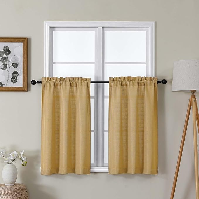 Lecloud Bessie Gold Kitchen Curtains 36 Inch Length 2 Panels Set, Faux Linen Textured Light-Filtering Short Curtains for Small Windows Basement Dining Room, Dual Rod Pocket, Each 30 W x 36 L