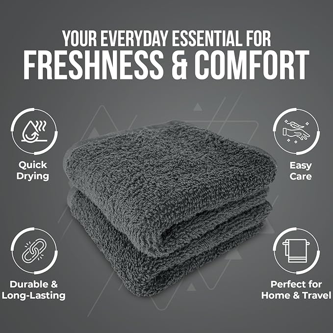 DAN RIVER 12 Pack Wash Cloths for Showering [12x12] - 100% Cotton Washcloths Premium Quality Flannel Face Cloths for Bathroom, Highly Absorbent and Soft Feel Wash Clothes, Grey
