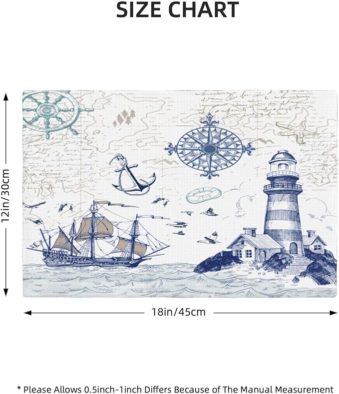 Nautical Placemats, Simple Hand Painted Blue Ocean Sailboat Map Lighthouse Compass Print Washable Fabric Placemats Table Kitchen Dining Party 12x18 Inch Set of 6