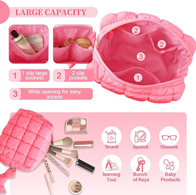 Puffer Quilted Makeup Bag Cosmetic Bags,Puffy Travel Toiletry Pouch for Women,Cute Checkered Zipper Bag Travel Essential,Portable Aesthetic Make up Organizer Bag for Gifts Work Daily(Pink,S)
