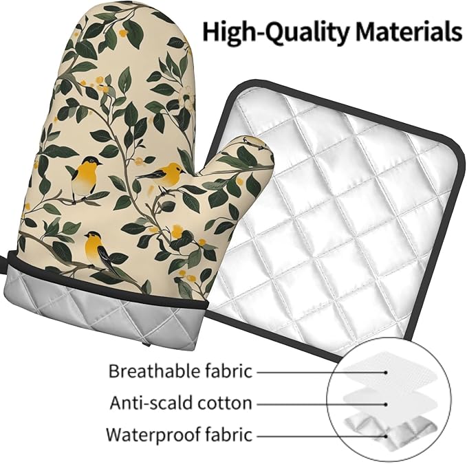 Bird Branch Oven Mitt and Pot Holder Sets 2Pcs Dark Green Yellow Vintage Heat Resistant Washable BBQ Cooking Gloves Hot Pans Mat for Kitchen Baking Grilling Decorative
