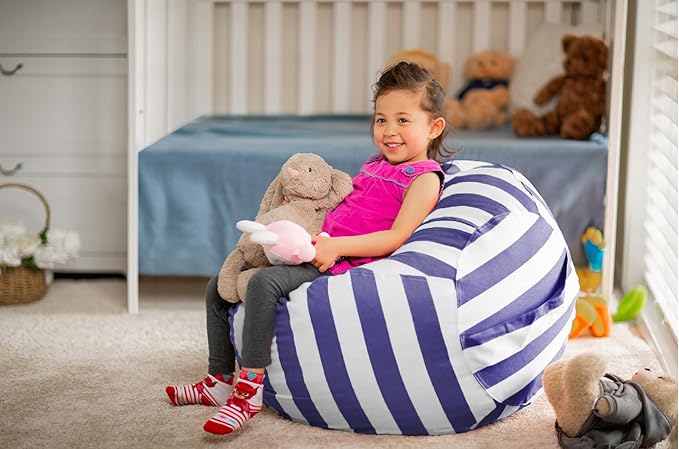 WEKAPO Stuffed Animal Storage Bean Bag Chair Cover for Kids | Stuffable Zipper Beanbag for Organizing Children Plush Toys Large Premium Cotton Canvas (Navy Strip, XX-Large)