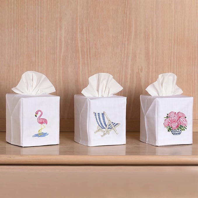 Jacaranda Living Square Tissue Box Cover, Linen/Cotton Fabric Tissue Holder, Decorative Cloth Tissue Cube Cover, Coastal Designs Coral, Navy