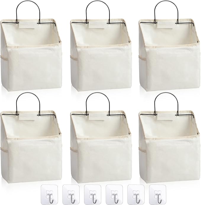 Chumia 6 Pack Wall Hanging Storage Basket Bathroom Closet Hanging Storage Bag over the Door Organizer Basket Bedroom Wall Organizer Waterproof Linen Cotton Box Containers and 10 Hooks(White)