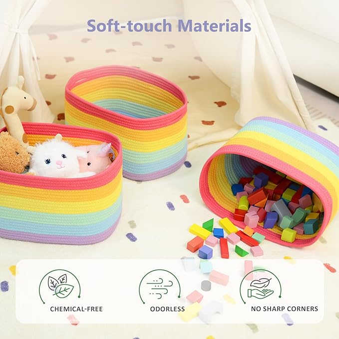 ECDYQXVU Cotton Rope Storage Basket, 15x10x9 Inches, Woven Basket for Shelves, Clothes, Towels, Books, and Laundry, Rainbow (3 Pack)