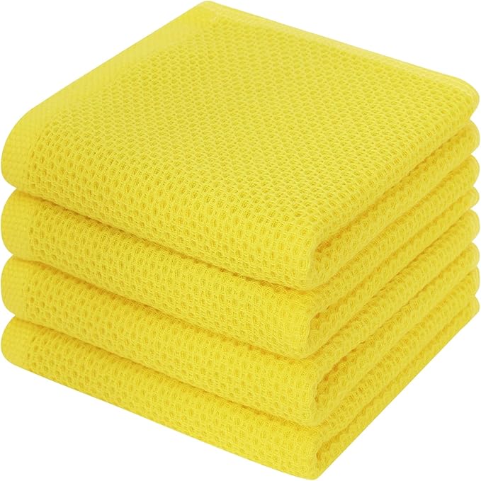 Kitinjoy 100% Cotton Waffle Weave Kitchen Towels, 4-Pack Super Soft and Absorbent Dish Towels for Drying Dishes, Kitchen Hand Towels, 13 in x 28 in, Yellow