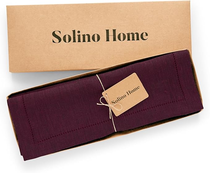 Solino Home Linen Cloth Placemats Set of 4-100% Pure Linen Hemstitch Chambray Burgundy Placemats 14 x 19 Inch - Milan Hemstitch Table Place Mats for Valentines, Winter