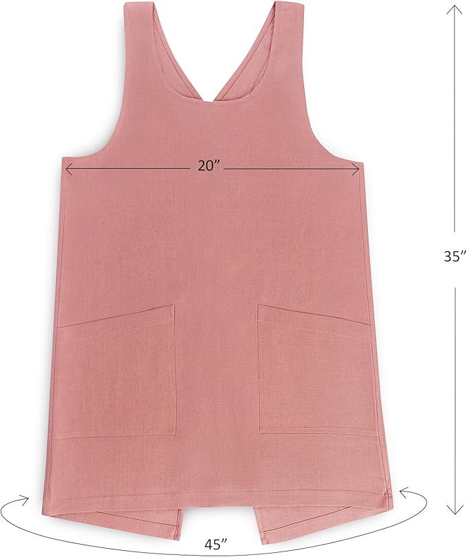 Solino Home Cross Back Linen Apron with Pockets for Gardening, Kitchen - Dusty Rose Pinafore Smock Apron 100% Pure Linen for Men & Women - Handcrafted from European Flax