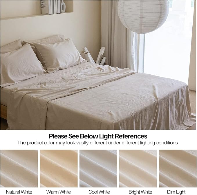 Simple&Opulence Belgian Linen Sheet Set Solid Color - 6 Pieces (1 Flat Sheet & 1 Fitted Sheet & 4 Pillowcases) 16" Deep Pocket Natural Flax Cotton Blended Soft Bedding - Linen, California King
