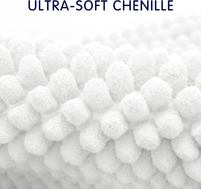 SUBRTEX Bathroom Rugs Chenille Bath Rug Soft Short Plush Bath Mat Soft Shower Mat Water Absorbent Shower Mat Quick Dry Machine Washable (White, 20" x 32")