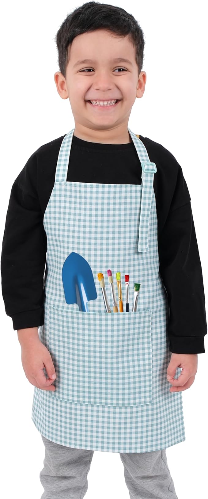 Kids Aprons for Cooking Waterdrop Resistant Aprons for Girl & Boy Toddler Apron for Painting, Gardening, Baking, Smock (Plaid Water Green, Small (3-5 years))