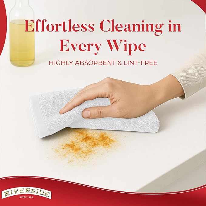 RIVERSIDE Bar Mop Towels Pack of 12, 16x19 Inches, 100% Ring Spun Cotton Terry Cloth Kitchen Towel, Highly Absorbent & Reusable Multipurpose Cleaning Rags for Bathroom, Hotel, Restaurant, White