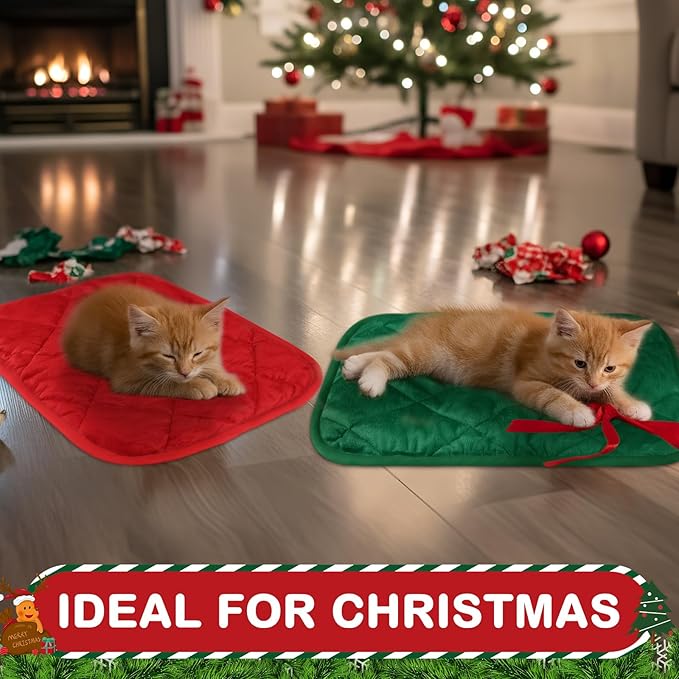 Clysee 2 Pack Self Heating Cat Mat Self Warming Pet Pads Washable Kennel Mat Dog Crate Pad Reflects Body Heat Non Skid Cat Thermal Pads for Puppy Indoor Outdoor (Red, Green,16 x 20 Inches)