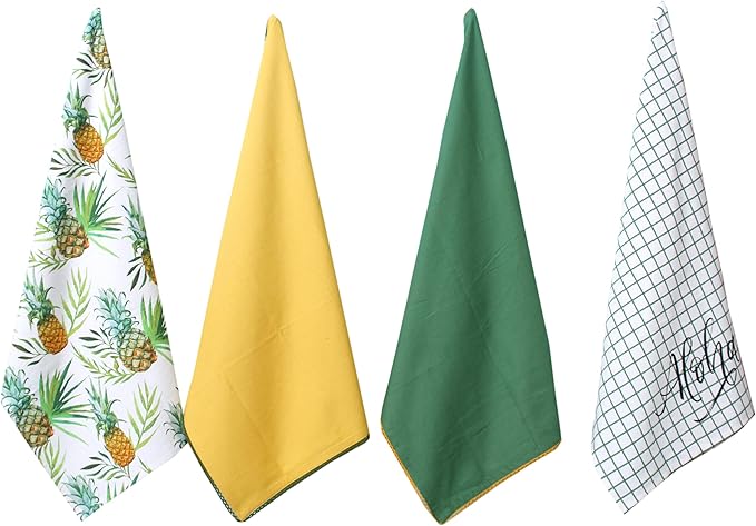 ACCENTHOME Kitchen Towels Set of 4 Super Absorbent Durable Towels Perfect for Kitchen Mess & Drying Dishes 50x70 cm Stripe & Check Pattern Pineapple Print