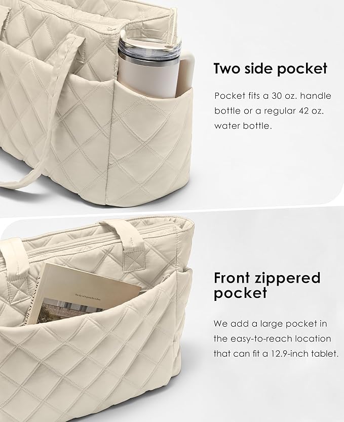 Uselike Tote Bag for Women, Lightweight Puffer Tote Work Bags with Compartments for Travel, Quilted Shoulder Bag with Zipper