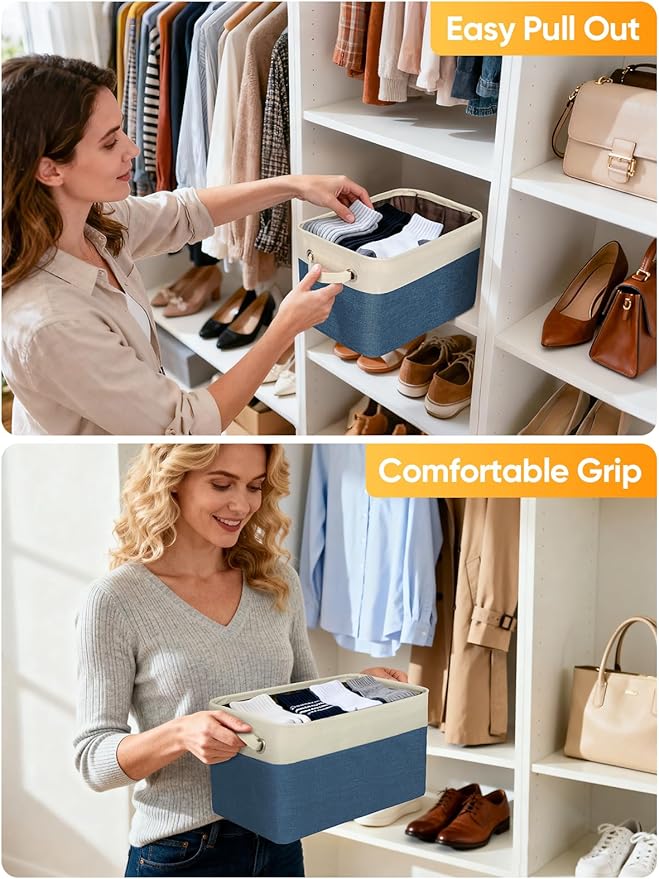 BALEINE 2 Pack Fabric Storage Bins for Shelves, Linen Storage Baskets for Organizing, Decorative Closet Bins for Clothes, Home (Navy Blue, 17''x13''x10.5'')