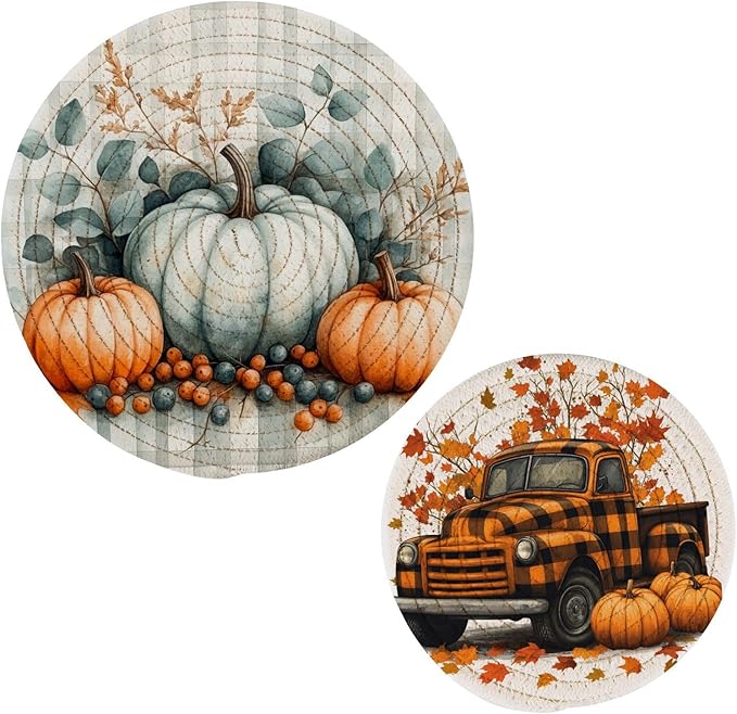 Autumn Pumpkins Trivet Mat 2PCS Fall Leaves Truck Round Woven Potholders Kitchen Table Countertop Protector Hot Pads Farmho