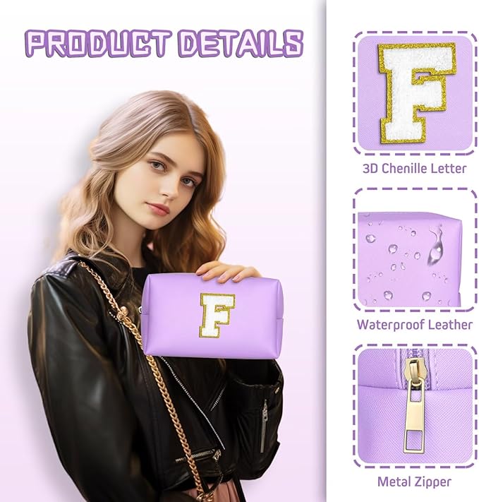 TOPEAST Preppy Makeup Bag, Small Cosmetic Travel Bags for Women, PU Leather Waterproof Toiletry Bag with Zipper, Personalized Birthday Gift for Women Girl, Preppy Gifts for Girl (Purple Y)