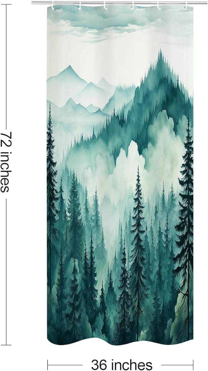 Litabel Teal Blue Small Stall Misty Pine Forest Shower Curtain 36 x 72, Mountain Foggy Woodland Scenery Tree Narrow Half Size Shower Curtains for Bathroom, Turquoise Waterproof Nature-Themed Decor