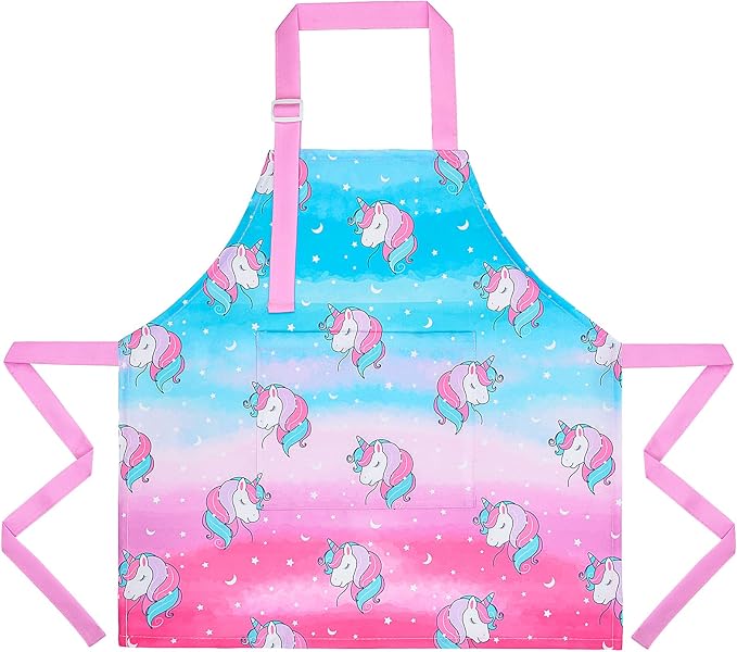 Sylfairy Aprons for Kids Girls Rainbow Unicorn Apron Children Kitchen Chef Aprons Smock (Pink, Medium,6-12Years)