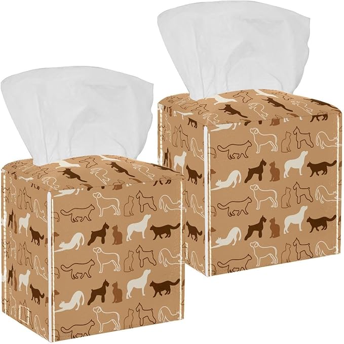 2 Pack Dogs Animals Tissue Box Cover Leather Facial Tissue Dispenser Box Holder for Dresser Bathroom Decorative