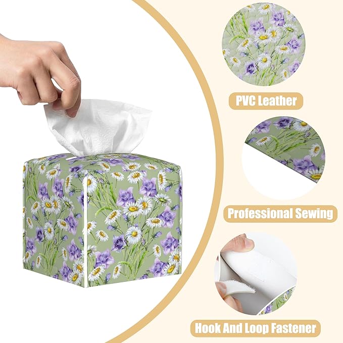 BLYKVGHQ Square Tissue Box Cover Chamomiles and Bell Flowers Tissue Box Holder Facial Cube Paper Dispenser Leather Decorative Organizer Home Office Desk Decor, 5.2"x5.2"x5.2"