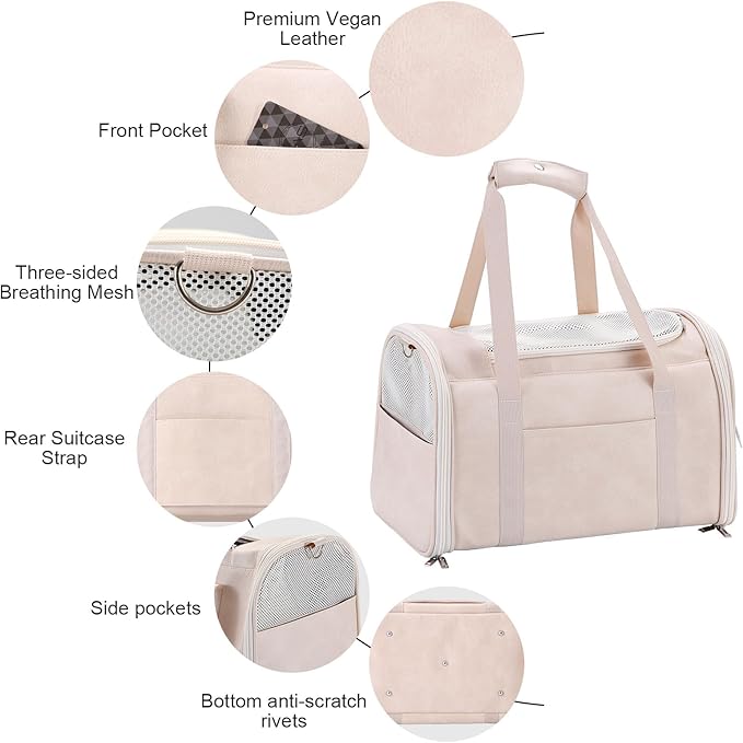 Lasaviin Fashion Leather Dog Carrier Cat Carrier Airline Approved Pet Carrier for Small Medium Dogs Cats Under 15Lbs, Collapsible Soft Sided Travel Puppy Carrier White