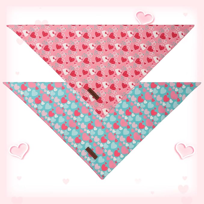 Unique Style Paws Dog Valentine's Dog Bandanas 2Pcs Washable Cotton Triangle Love Heart Lock Puppy Scarfs for Small Medium Large Dogs and Cats