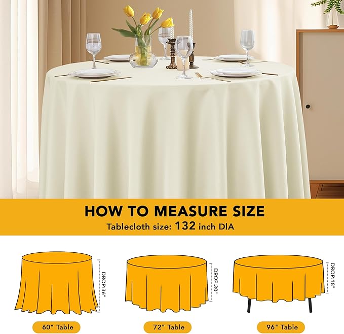 6-Pack Ivory Round Tablecloths, 132 Inches, Stain-Resistant Polyester for 6-8 Ft Round Tables - Washable Table Covers for Weddings, Banquets, Birthday Parties, Events