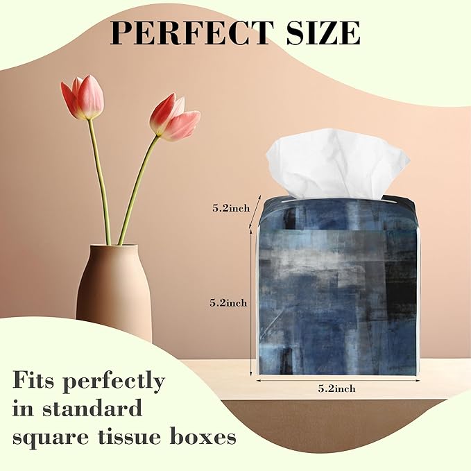 Blue and Brown Art Painting Tissue Box Cover,Abstract Boho Art Waterproof Leather Square Tissue Box Cover Case Facial Paper Organizer Dispenser Box Holder for Home Office Bathroom Vanity Countertop