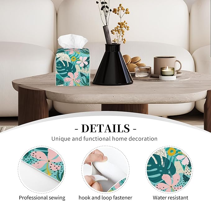 POIUBLE Tropical Flowers and Palm Leaves Tissue Box Cover Leather Tissue Box Holder Square Facial Paper Organizer Dispenser for Bathroom Kitchen Bedroom Vanity Countertop Night Stands