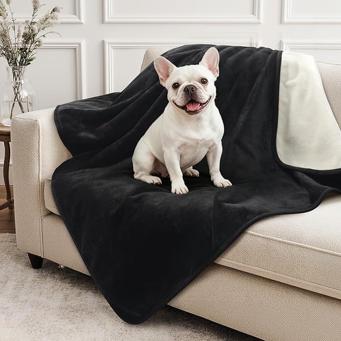 LOOBANI Waterproof Dog Blanket for Couch: Spill-Proof Puppy Blankets for Small Medium Dogs Washable, Reversible Soft Flannel Pet Throw for Dog Bed, Crate, Couch Sofa Cover, Travel, 30" x 40", Black