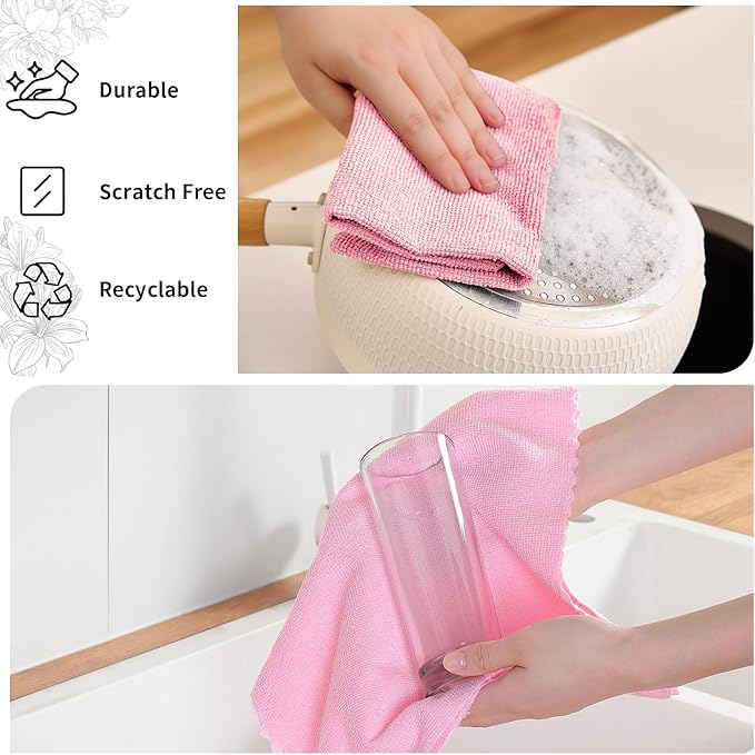 Tigona 80 Pack Microfiber Cleaning Cloth Roll,Lint Free Rags & Tear Away Reusable Towels Washable Scratch,Ultra Absorbent Dish Rags(12" x 12") for Car Kitchen Home Garage-Pink