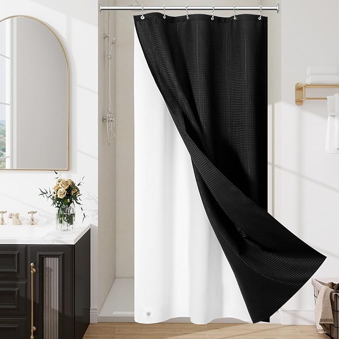 Craidlela 3 in 1 Stall Half Size Shower Curtain Set-36 W x 72 H, Black Waffle Waterproof Fabric and PEVA Liner Set with Stainless Steel Hooks