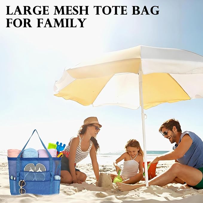 Fammart Mesh Beach Bag, Large Beach Tote with Zipper Pocket for Family Pool Bag for Toys & Vacation Essentials