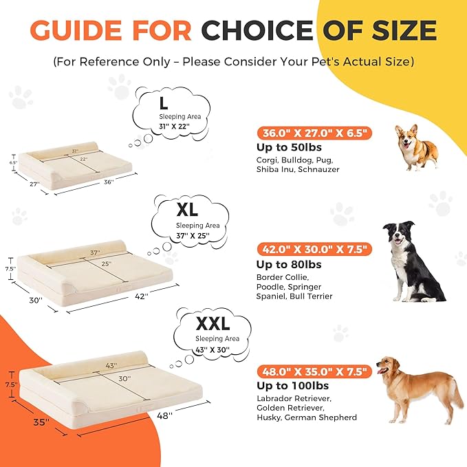 Aeroluxe Dog Bed Large Sized Dogs, Orthopedic Dog Bed for Large Dogs, Waterproof Pet Bed with Washable Removable Cover, L-Shaped Pet Couch with Portable Handle 36"x27"x6.5", Beige