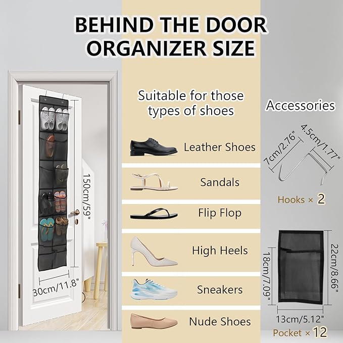 Auvotuis Over the Door Shoe Organizer, 12 Mesh Pockets Hanging Shoe Organizer with 4 Metal Hooks (Gray)