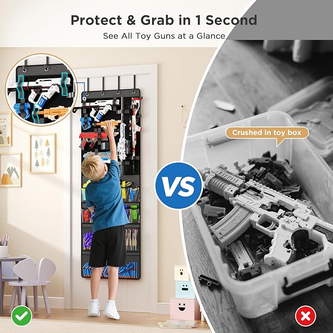 Mefirt Over The Door Organizer for Toy Guns, Toys Storage Door Hanger with Pockets and Slots for Kids Foam Blasters, Darts, Goggles, Over Door Toys Storage Organizer, for Kids Rooms, Game Rooms, Gray