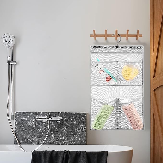 ANZORG Mesh Shower Organizer Hanging Caddy Quick Dry Bathroom Storage for Toiletry Accessories with Rotating Hanger (4 Pockets)