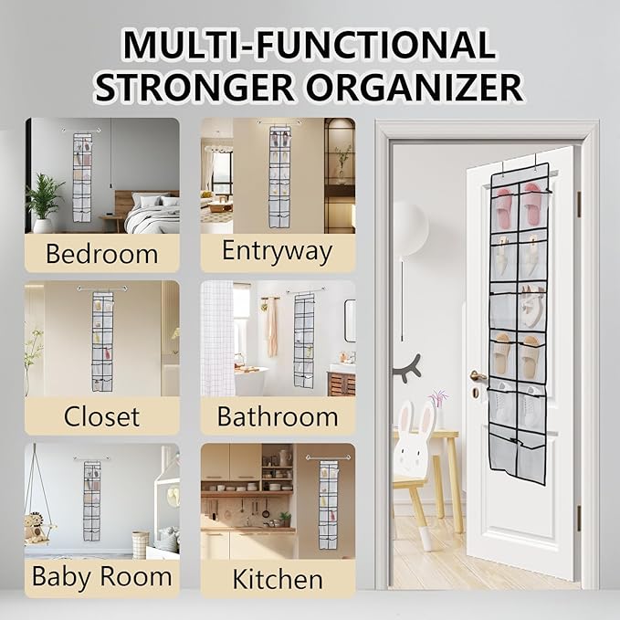 Auvotuis Over the Door Shoe Organizer, 12 Mesh Pockets Hanging Shoe Organizer with 4 Metal Hooks (White)