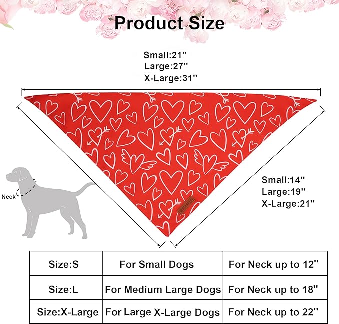 ADOGGYGO Valentine Dog Bandanas, Red Pink Heart Pet Scarf, Multi Size Offered, White Red Valentine Bandana for Small Dogs (Small)