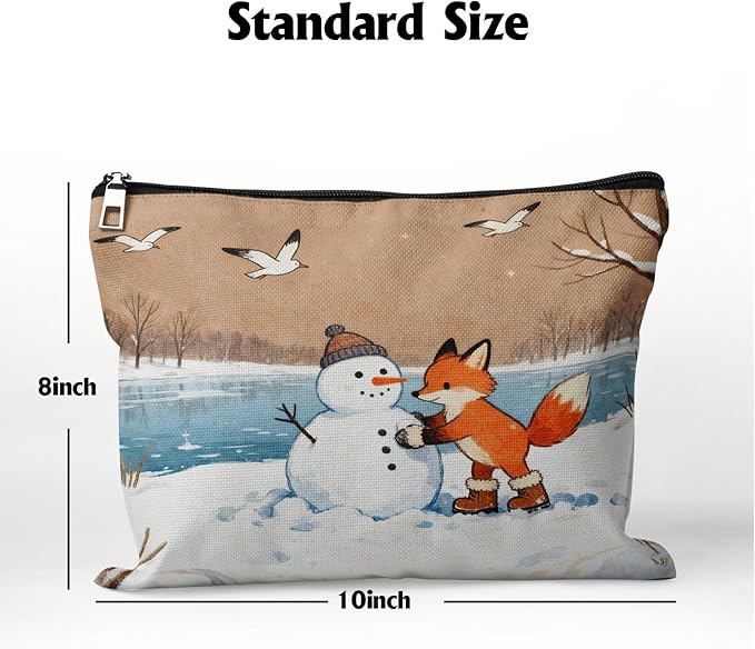 Cafl Fox Making Snowman Makeup Bag Travel Large Winter Cosmetic Bag Organizer toiletry Essentials Jewelry Zipper Bag Gift For Women -10×8 inch