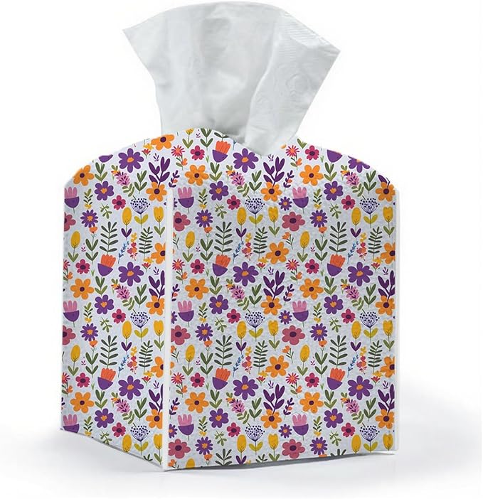Tissue Box Cover, Tissue Box Holder, Square with Belt Bottom, PU Leather Decorative Organizer for Desk, Tabletop, Countertop Bathroom, Toilet Car, Office, Dresser Bedside, Aesthetic Plant Flower Decor