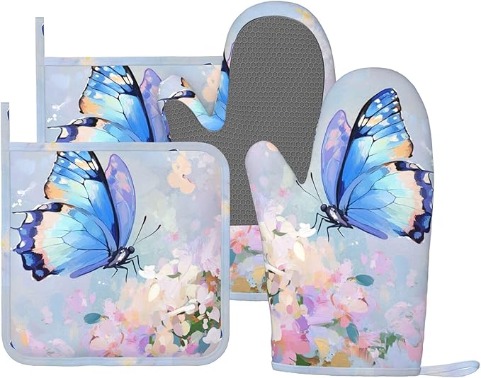 Oven Mitts Pot Holders Set Butterfly Flower Oil Painting Silicone Kitchen Gloves Potholders Heat Resistant for Chef Baking Cooking Grilling BBQ 4 Pack Mitt