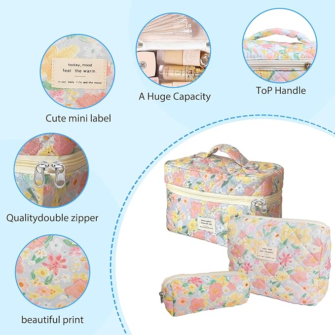 Cozomga Quilted Makeup Bag, Large Capacity Travel Cosmetic Bag for Women and Girls, Aesthetic Storage for Daily and Travel Use (3pcs-floweroilpainting Print)