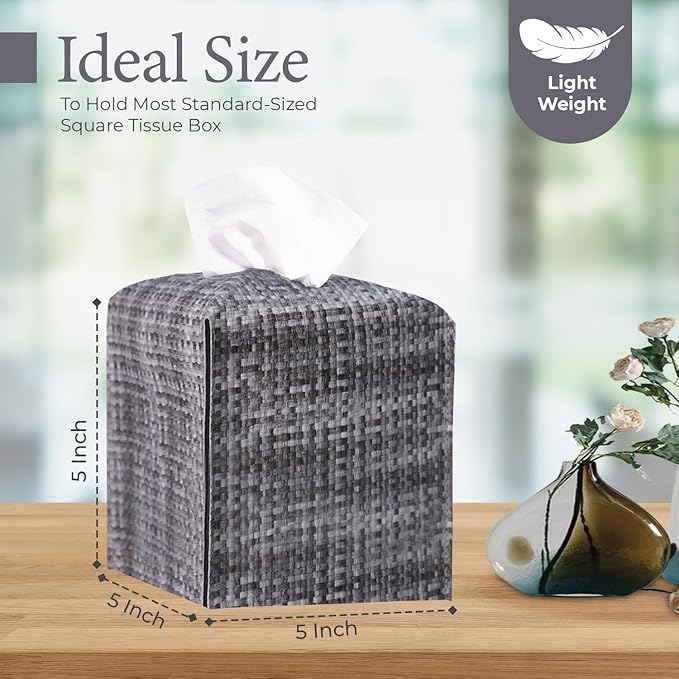 Tissue Box Cover, PU Leather Tissue Box Holder with Bottom Belt, Modern Square Tissue Box Covers with Wide Opening (Black Gray, Woven Patterns)