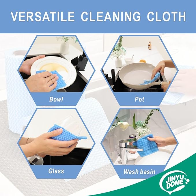 JINYUDOME Handi Wipes Reusable Cloth Disposable Cleaning Cloth Kitchen Dish Cloth Dish Towels Dry Blue Washable Wipes Dish Towel Rolls, Soft Durable And Absorbent, 2 Rolls,Total Pack Of 200, Blue