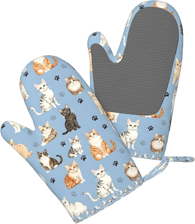 Oven Mitts 2 Pack, Silicone Kitchen Gloves, Heat Resistant with Non-Slip Grip and Soft Quilted Cotton Lining for Cooking Barbecue Backing (Cat)