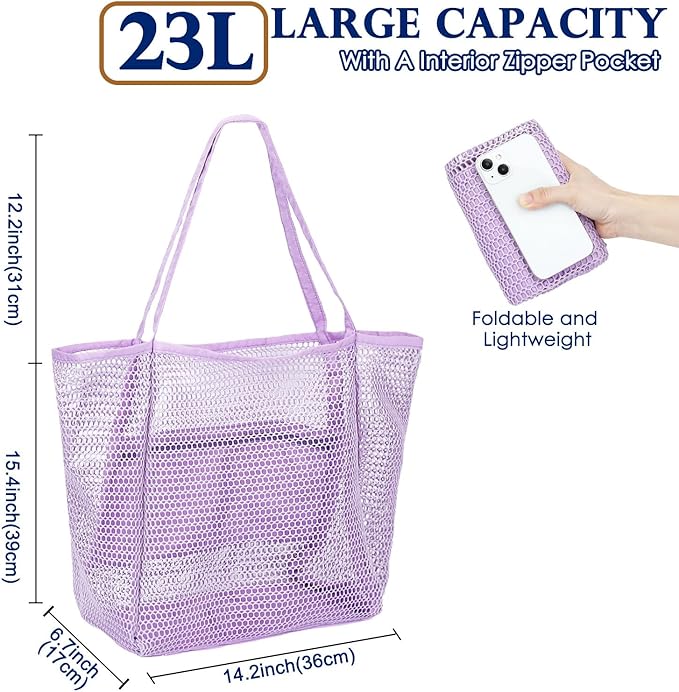 Fammart Mesh Beach Bag, Large Beach Tote with Zipper Pocket for Family Pool Bag for Toys & Vacation Essentials
